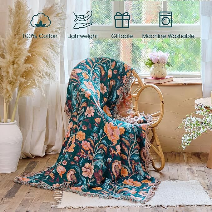 Boho Throw Blanket - 100% Cotton Ultra Soft Muslin Blanket, 60"x80" Lightweight Floral Bird Framhouse Bedding Spring Blanket for Bed, All Season Green Bohemian Bedroom Home Decor Quilt