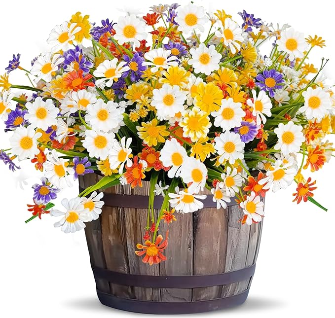 8 Bundles Artificial Daisy Flowers Outdoors Summer Decor, UV Resistant No Fade Fake Flowers Faux Plastic Greenery Shrub Plants for Hanging Gardens Window Box Porch Spring Cemetery Décor(Mix 4 Colors)