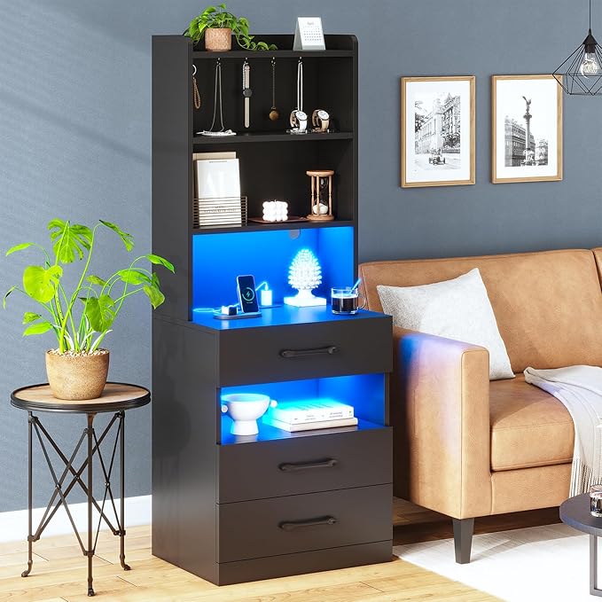 AOGLLATI Tall Nightstand with Charging Station and LED Lights, Night Stand with 3 Drawers and Storage Shelves, Bedside Table with Bookshelf, Modern End Side Table for Bedroom, Black