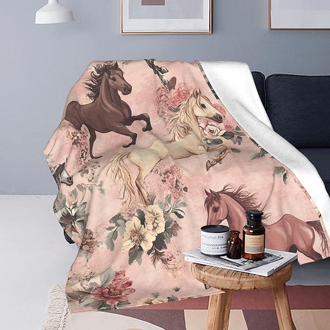 Horse Throw Blanket Soft Warm Cozy Horses Floral Blankets Fuzzy Plush Fleece Horse Blanket Gifts for Couch Bed Sofa Home Decor 40''X50''