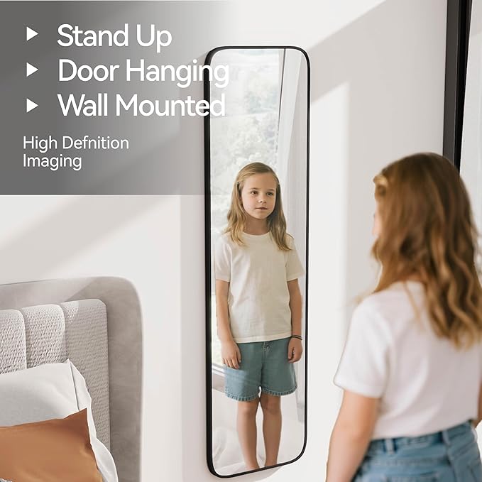 57x16 Door Hanging Full Length Mirror, Floor Stand (Height 5.7ft just Body in1.3ft) Wall Mounted Metal Frame Rectangle Dressing Mirrors for Bedroom Bathroom Room 57 inch Black