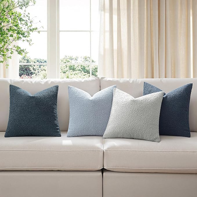 MIULEE Pack of 4 Decorative Textured Boucle Throw Pillow Covers 20x20 Inch Neutral Blue Accent Solid Pillow Cases Couch Cushion Covers for Modern Farmhouse Boho Bed Livingroom Home Decor
