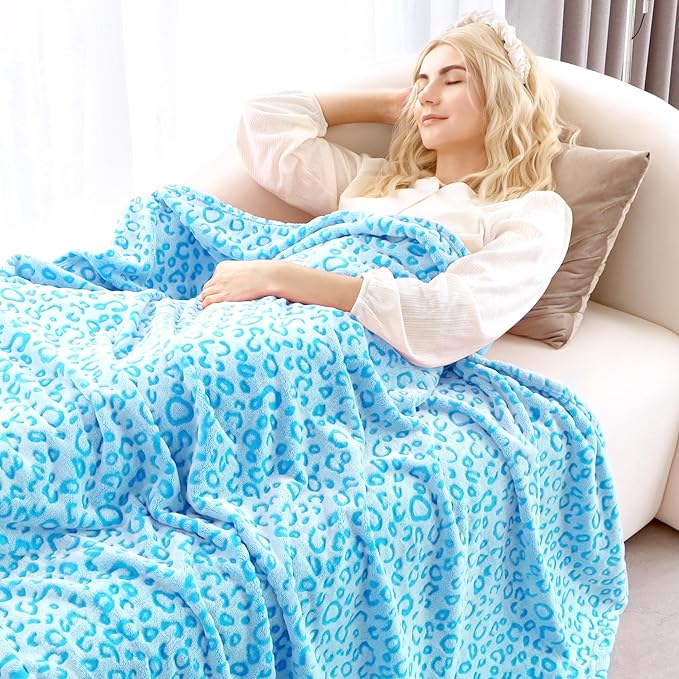 Blue Throw Blanket for Bed - Cheetah Print Blanket Soft Fuzzy Fleece Leopard Blankets for Sofa Couch Home Decor - Blue Birthday Gifts for Women Girls Kids