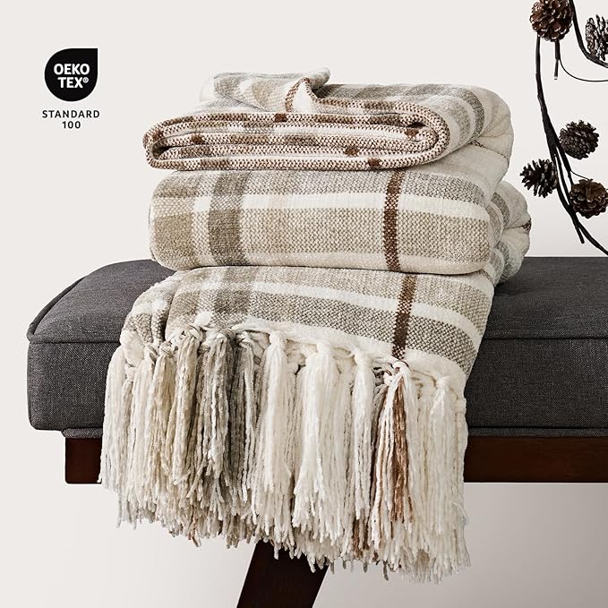 EverGrace Plaid Chenille Throw Blanket for Couch, Super Soft Cozy Decorative Farmhouse Plaid Throw with Tassels, Lightweight Chenille Knit Throw for Bed Sofa Gift Home Decor, Beige 60”x80”