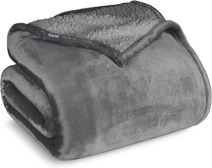Bare Home Sherpa Fleece Blanket - Full/Queen Size - Blanket for Bed, Sofa, and Couch - Warm & Lightweight - Fluffy & Soft - Reversible (Full/Queen, Grey with Grey Sherpa)