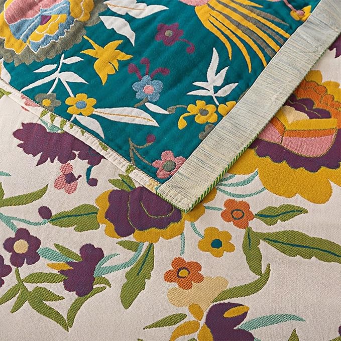 Queen Size Spring Boho Throw Blanket,Reversible Muslin Blankets for Adults, Ultra Soft Cozy Cotton Throw Blanket,Bohemian Mexican Boho Quilted Blankets,Golden Phoenix,80"x90"