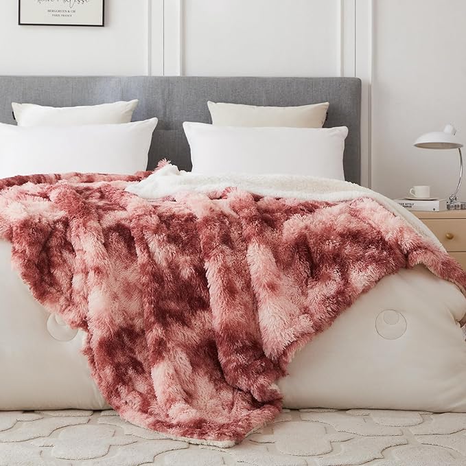 COOVA Ultra Soft Faux Fur Twin Blanket – Fuzzy Fluffy Cozy Microfiber Blankets, Warm Thick Plush Sherpa Fleece Throw Blanket for Couch,Bed,Sofa,Ideal Gift for Women.(Tie Dye Rose Red, 60"x80")