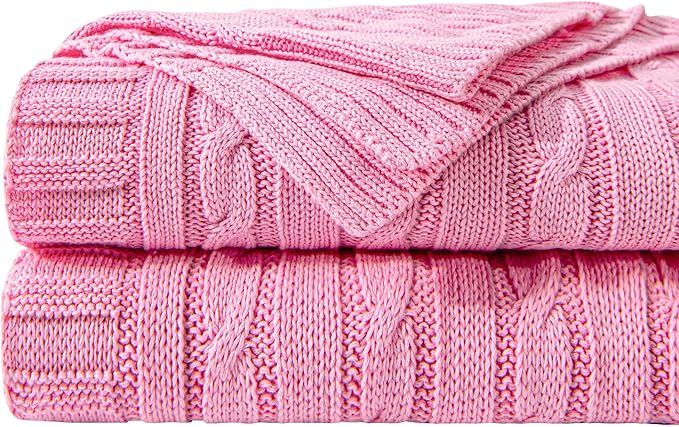 NTBAY 100% Pure Cotton Oversize (60x80) Cable Knit Throw Blanket, Super Soft Warm Knitted Throw Blanket for Bed, Sofa, Chair, Couch - Extra Cozy, Machine Washable, Comfortable Home Decor, Pink
