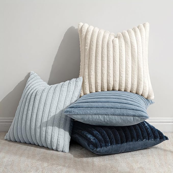 MIULEE Faux Fur Plush Decorative Throw Pillow Covers 18x18 Set of 4, Spring Modern Soft Fuzzy Coastal Striped Cushion Covers for Sofa Couch Bed Living Room Cozy Home Decor,Navy Blue
