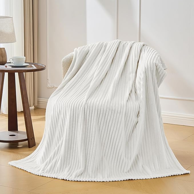 Bnuitland Fleece Throw Blanket for Couch, 300GSM Soft Warm Cozy Fluffy White Throw for Adults & Kids, Stripe Pattern 50"x60", All Season Sofa Bed Blanket for Home Decor