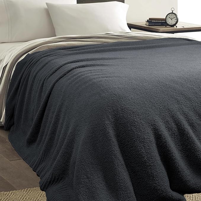 JOOJA Dark Grey Black Fuzzy Knitted Blanket, Soft Lightweight Plush Queen Size Blanket for Bed, Cozy Nights, Charcoal Grey, 90x90