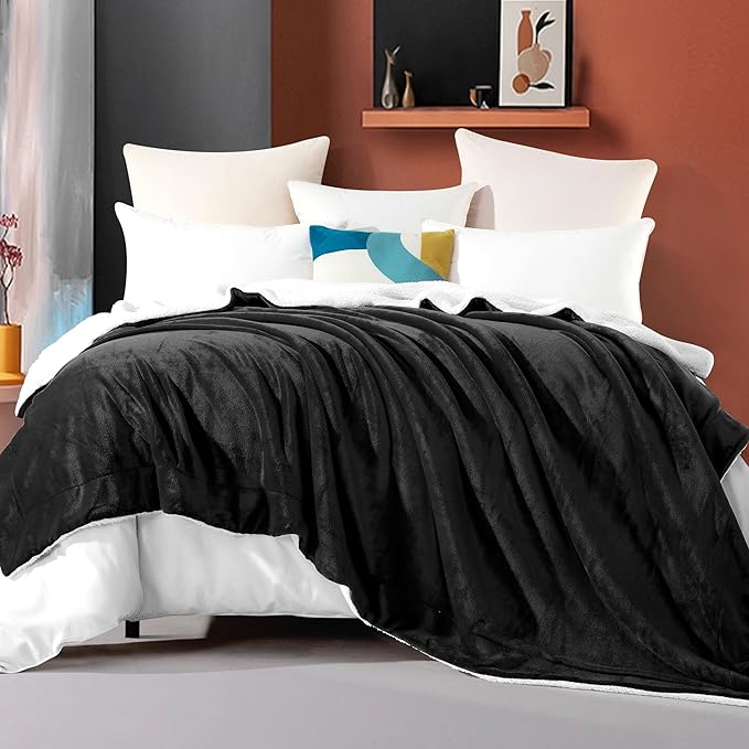 Elegant Comfort Ultra Soft Reversible Flannel Sherpa Blanket - Cozy Silky Fleece Throw for Couch, Bed - Plush Fuzzy Warm Winter Blanket for Gift, King, Black