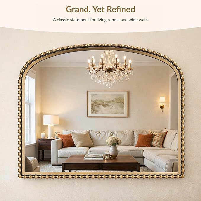 40x30 Inch Wide Arch Wall Mirror, Antique Gold Beaded Frame, Large Horizontal Mantel Mirror for Fireplace, Living Room or Sofa Wall, Decorative Wall Mounted Mirror