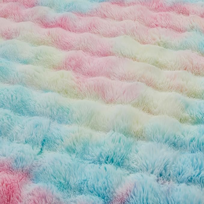 Faux Fur Throw Blanket for Couch Cozy Fuzzy Soft Plush Thick Fluffy Fleece Bubble Blanket for Sofa Bedroom Living Room, 63x79 Inches Rainbow