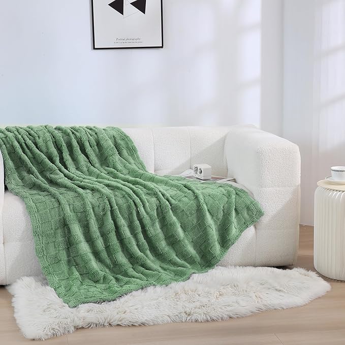 Spring Sage Green Fleece Throw Blanket 50”×60” for Couch Sofa Bed,Super Soft Cozy Plush Microfiber Flannel Blanket with 3D Checkered Design Lightweight for Adults,Woman,Girls