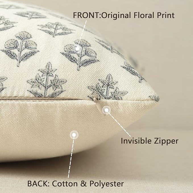 YCOLL Farmhouse Floral Print Throw Pillow Covers 20x20 Set of 2, Rustic Decorative Cushion Covers for Sofa Couch Bed Living Room, Vintage Floral Patterned Cottage Home Decor, Warm Gray
