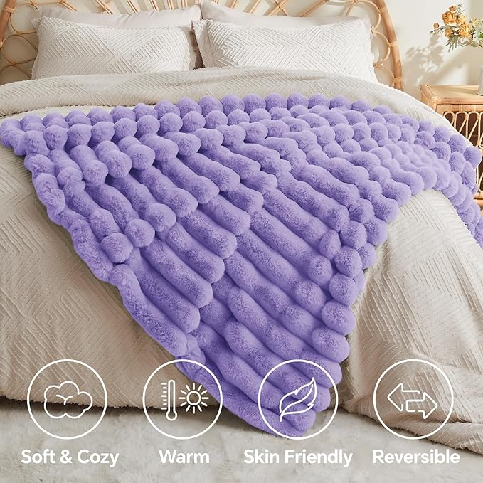 BEDELITE Faux Fur Throw Blanket for Couch, Soft and Cozy Luxurious 3D Striped Fluffy Blanket, 770GSM Thick Warm Plush Fuzzy Faux Rabbit Fur Blanket for Women Gift (Lavender, 60"x 80")