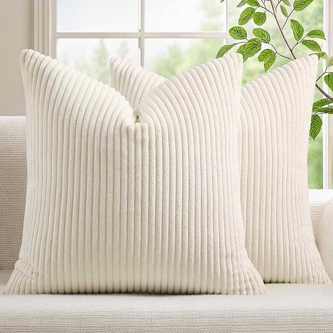 Mecatny Corduroy Decorative Throw Pillow Covers 24x24 Set of 2 for Sofa Living Room, Soft Neutral Boho Couch Pillow Covers for Home Decor, Cream White