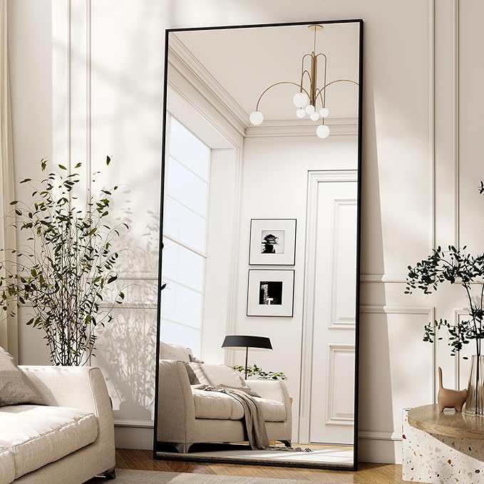 76" x 34" Large Full Length Mirror with Stand, Standing/Leaning/Wall Mounted Full Body Floor Mirror for Bedroom, Living Room, Entryway, Cloakroom with Aluminum Alloy Frame Black