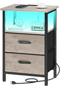 Vagusicc Nightstand with Charging Station, LED Night Stand with 2 Fabric Drawers, Bedside Table with Storage Shelf, 24.2" Tall Bed Side Table with USB Ports and Outlets for Bedroom, Greige