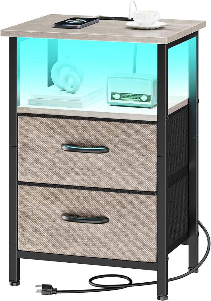 Vagusicc Nightstand with Charging Station, LED Night Stand with 2 Fabric Drawers, Bedside Table with Storage Shelf, 24.2" Tall Bed Side Table with USB Ports and Outlets for Bedroom, Greige