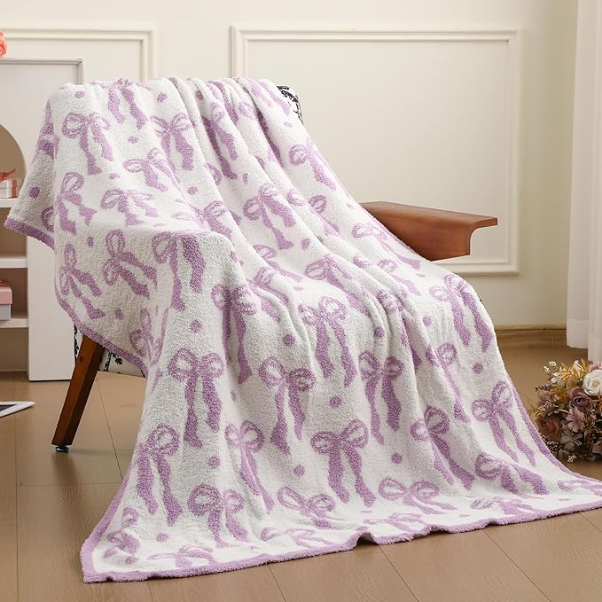 Buryeah Purple Bow Blanket Soft Microfiber Double Sided Bow Throw Blanket 50"x 60" Coquette Aesthetic Plush Bedding Stuff Sofa Chair Dormitory Room Decor for Women, Wedding Bridesmaid Gifts, Mother
