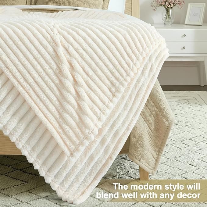 decorUhome Soft Fleece Cream White Blanket Queen Size for Bed, Cozy Fluffy Plush Flannel Large Striped Throws for Couch Sofa, Lightweight Decorative Fuzzy Blanket for Woman, 90x90 Inches