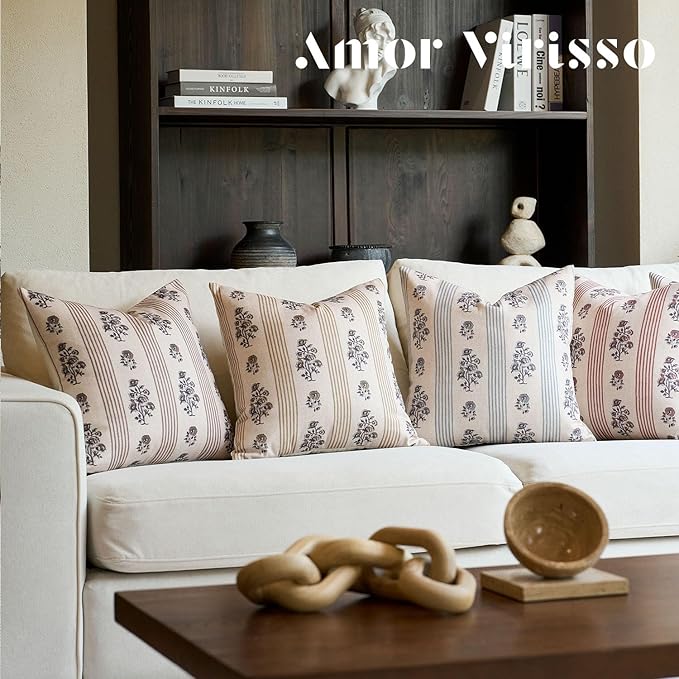 Amor Virisso Floral Throw Pillow Covers 22x22 Set of 2 Block Print Pillow Covers Neutral Floral Striped Farmhouse Decorative Pillow Covers for Sofa Couch Bed, Brown