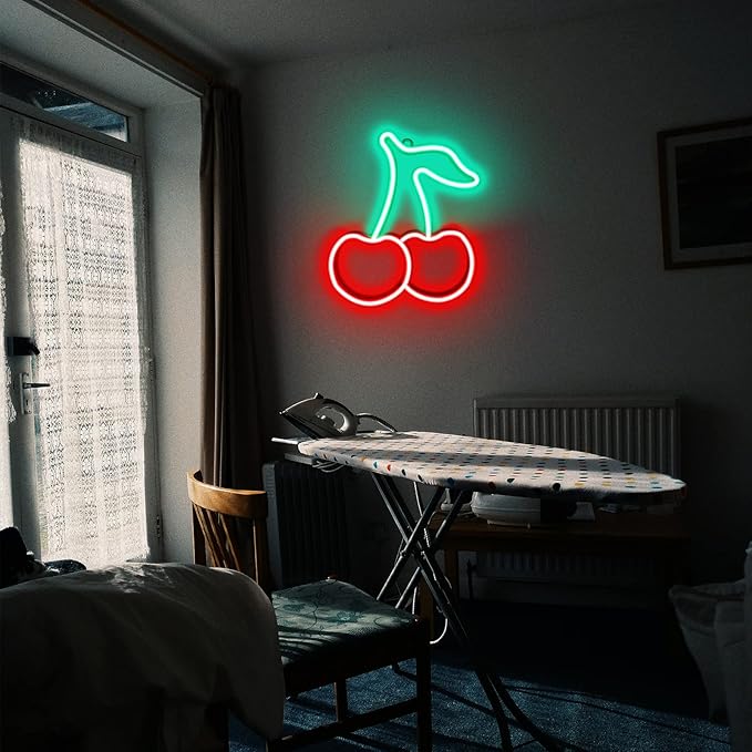 Cherry Neon Sign Red Green Cherries Neon Lights 7.5 * 8.9IN Cherry Neon Signs for Wall Decor, Cute Fruits LED Signs for Kids Room Restaurant Bar Fruit Shop Home