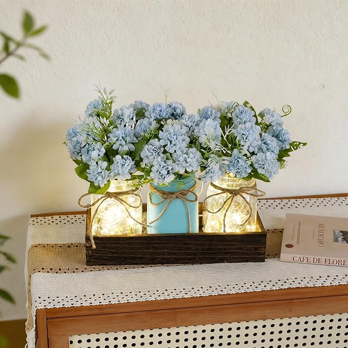 LUEUR Mason Jar Lights Centerpiece with Farmhouse Wood Tray – 3 Jars with Blue Hydrangea Spring Flowers, Rustic Spring & Wedding Decoration for Dining Table, Coffee Table, Kitchen & Living Room