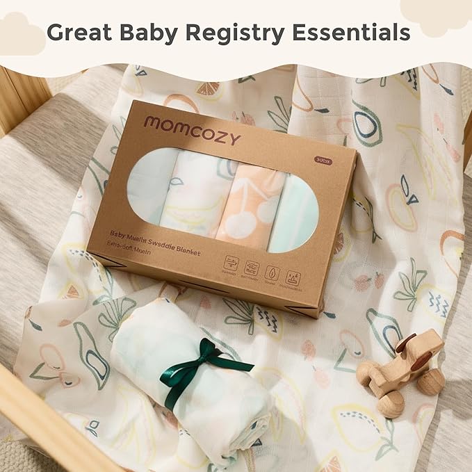 Momcozy Muslin Swaddle Blankets, 4-Pack Breathable and Skin-Friendly Receiving Blankets, Best Wishes Swaddle Blanket Shower Gifts & Baby Registry Essentials, Large 47"x47", Fruits Party