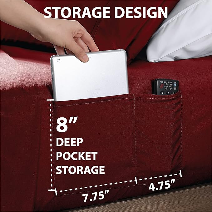Swift Home Smart Sheets, Ultra Soft Brushed Microfiber 3-Piece Sheet Set, Fitted Bed Sheet with Side Storage Pockets – Burgundy, Twin XL