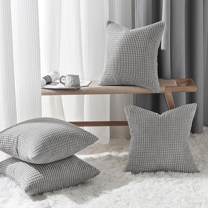 Topfinel Pack of 4 Decorative Throw Pillow Covers 24x24 Inch Soft Corduroy Boho Textured Striped Patchwork Pillow Covers Farmhouse Rustic Home Decor for Spring Sofa Living Room Couch Bed LightGrey