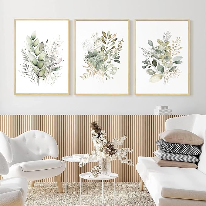 Watercolor Botanical Wall Art Set of 3 Boho Floral Canvas Wall Decor Prints Sage Green Wildflower Wall Art Modern Flower Pictures Botanical Painting for Bedroom Bathroom 12x16 Inch Framed