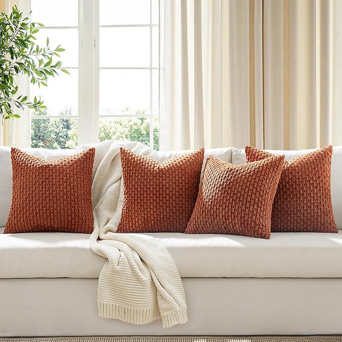 MIULEE Terracotta Decorative Throw Pillow Covers for Couch Sofa Living Room Set of 4 Rustic Striped Cushion Covers Corduroy Pillowcases Farmhouse Home Decor 18x18 Inch Burnt Orange