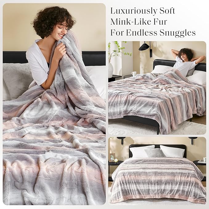 Madison Park Ultra-Soft Poly Fur Blanket, Reversible Plush, All Season & Lightweight Fuzzy Blanket for Bed, Couch & Sofa, Zuri, Twin/Twin XL Blush/Grey