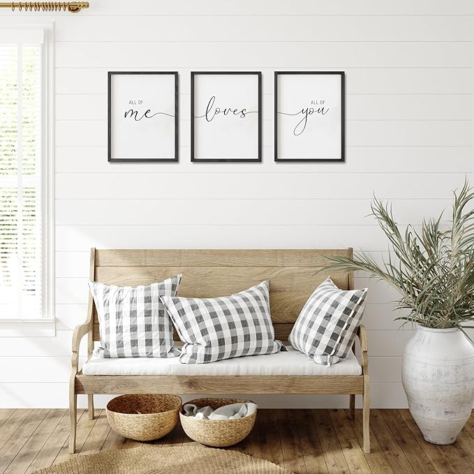 Set of 3 Framed Farmhouse All of Me Loves All of You Sign 11x14” Above Bed Wall Decor for Bedroom Decor Wall Art Wood Signs (11x14, Black)