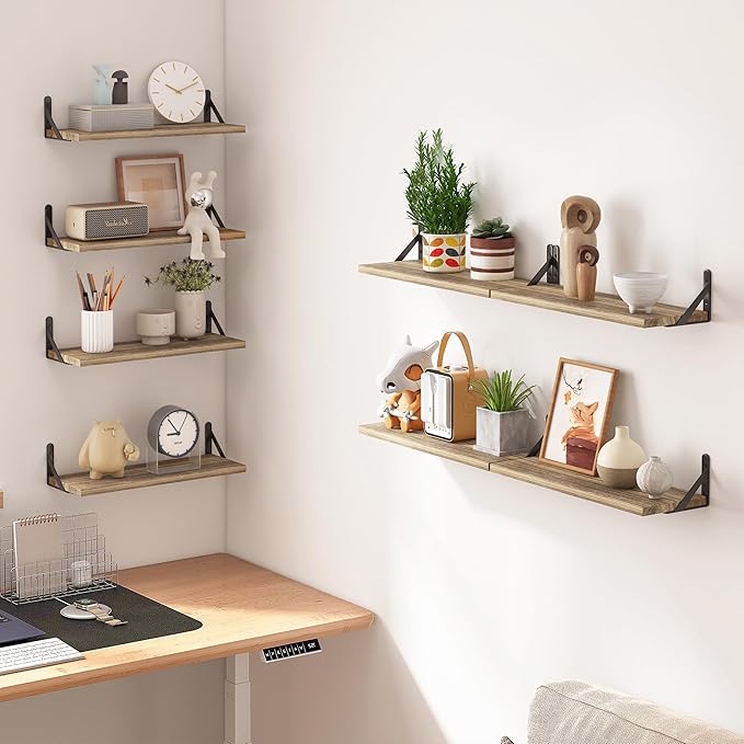 Fixwal Floating Shelves for Room Wall, Width 4.7in Rustic Wood Wall Storage Shelves for Bedroom, Living Room, Kitchen, Bathroom, Office Decor and Plants Display (Set of 8 Carbonized Black)