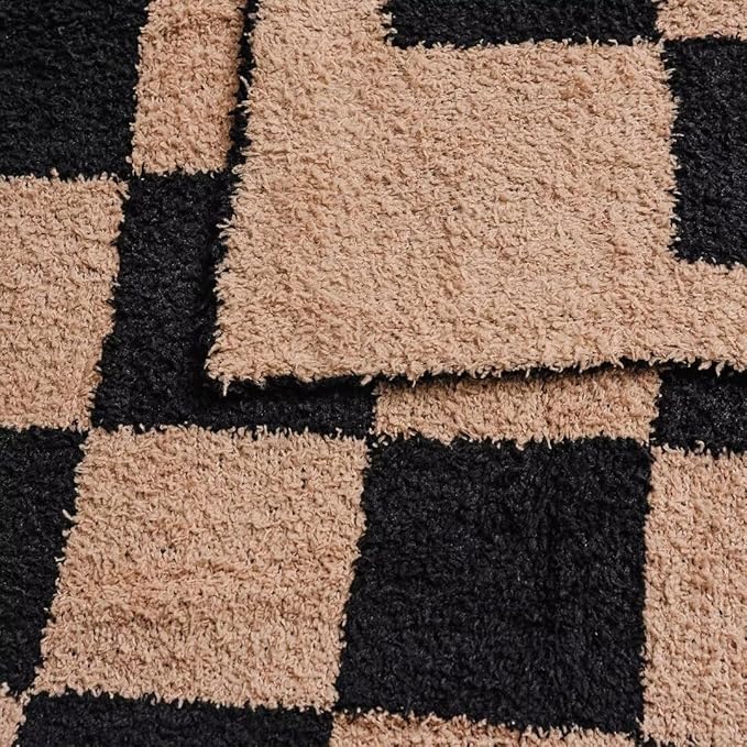 Soft Checkered Throw Blanket, Ultra Cozy Knit Throw Blanket Fluffy Fuzzy Reversible Checkerboard Blanket for Travel Couch Sofa Bed Decor, 51x63 inches, Black Brown