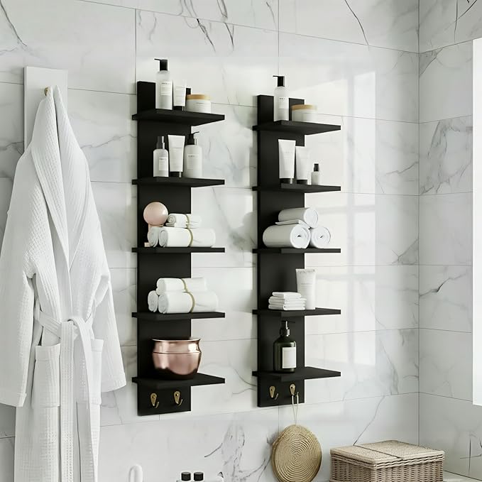 Sorbus 5 Tier Wall Shelf Unit with Hooks, Vertical Column Utility Shelving for Home Decor and Storage Organizer, Wall-Mounted Floating Shelves for Bathroom Storage, Bedroom, Living Room