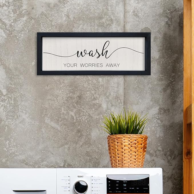 comurdyo Funny Laundry Room Plaque Wash Your Worries Away Bathroom Sign Wall Decor Inspirational Quote 16×6 Inch for above the Bathtub Restroom Small Wooden Framed Wall Hanging Art (Black)