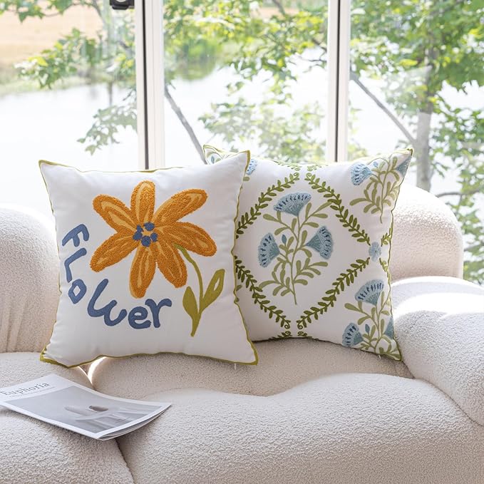 YIcabinet Pillow Covers Set of 2, Embroidered Yellow Flower Pattern Throw Pillow Cover,Square Cotton Cushion,Pillow Case for Sofa Bedroom Couch,18"x18"