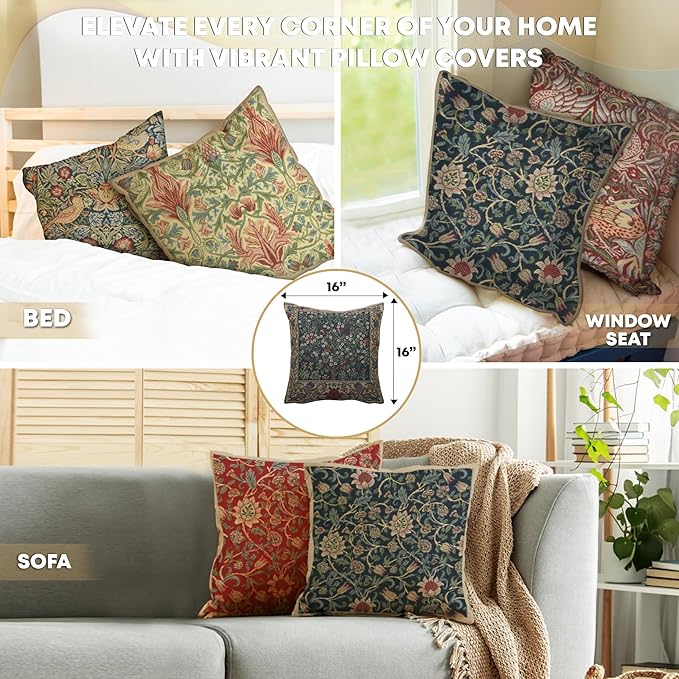 Charlotte Home Furnishings Throw Pillow Covers 16x16 in Green Tree Decorative Couch Pillow Covers Boho Decor European Tapestry Cushion Cases Living Room Cozy Home Decor Jacquard Woven Soft Cotton