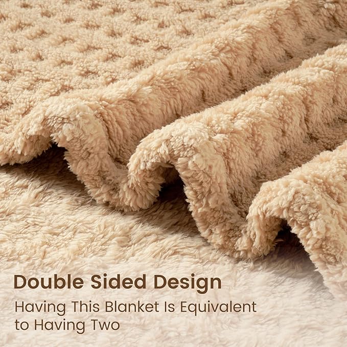 David's Home Ultra Soft Fleece Blanket Queen Size for Bed, Plush Shaggy Fluffy 3D Jacquard Waffle Throw for Couch, Warm Lightweight for Fall Winter,Fuzzy Aesthetic Room Decor,90x90 inches,Latte