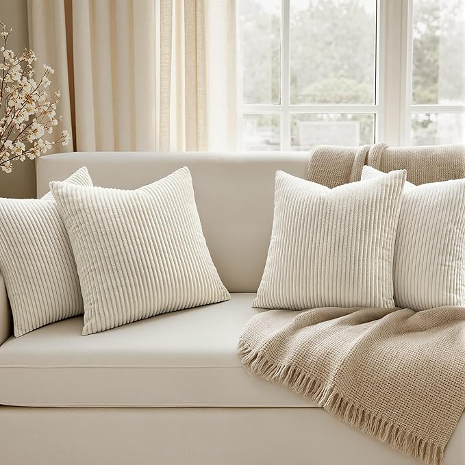 EMEMA Beige Decorative Throw Pillow Covers 20x20 Inch Set of 4 Boho Farmhouse Corduroy Striped Square Pillow Case,Western Modern Cushion Covers for Couch Bed Livingroom Home Decor