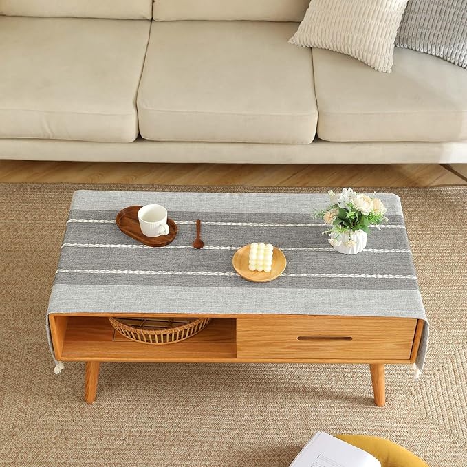 SIELUNO Coffee Table Cover, Rustic Farmhouse Rectangle Table Cloth Cotton Linen Waterproof with Pockets and Tassel for Living Room Decoration - Grey Stripes - 28x64 Inch