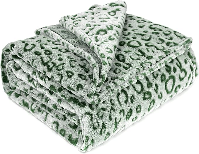 Leopard Print Fleece Throw Blanket Green Blanket for Couch Bed Sofa Room Decor Warm Soft Blanket