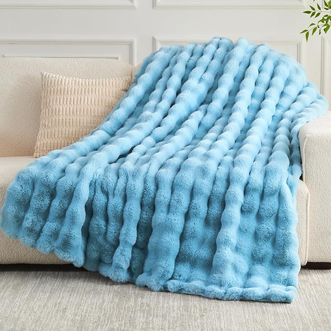 NEWCOSPLAY Faux Fur Throw Blanket Blue Luxury Fluffy Thick Warm Bubble Blanket for Couch Sofa Bed 1000GSM (Blue Bubble Thick, Throw(50"x60"))