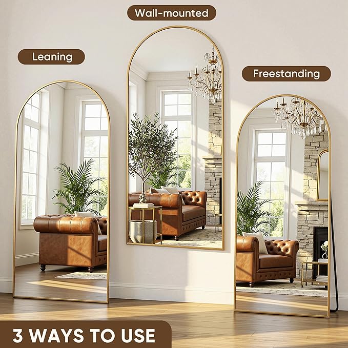 Antok Full Length Mirror, 90"x46" Floor Mirror with Stand, Hanging Mounted Mirrors for Bedroom, Living Room, Cloakroom, Dining Room, Gold, Arched