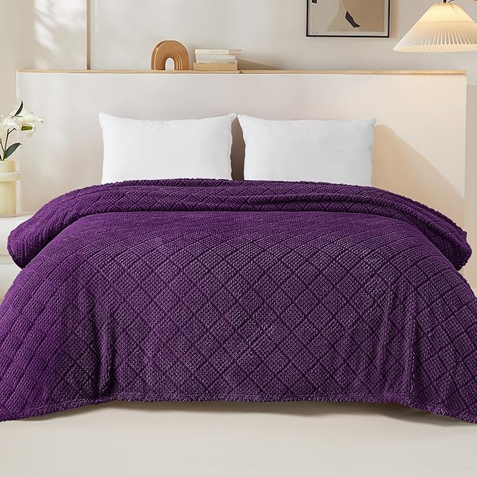 Whale Flotilla Fuzzy Fleece King Size Blanket for Bed, Soft Fluffy Jacquard Waffle Blankets for All Season, Lightweight and Warm, 90x104 Inch, Purple